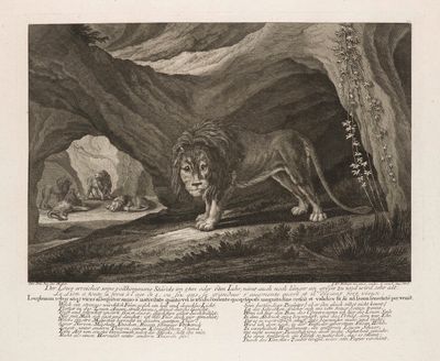 an engraving of a lion in a cave with a man and a dog in the background