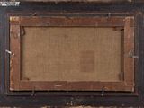 an old wooden picture frame with a brown canvas on it