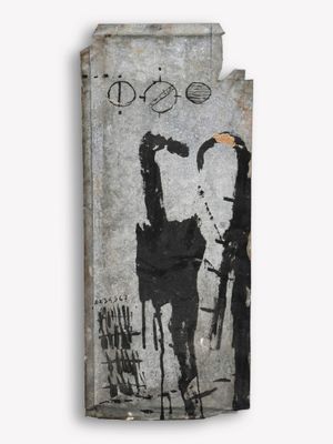 painting of a man and woman holding hands on a wall
