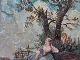 a painting of a woman sitting in a field with a dog