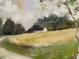 tableau représentant un champ avec des arbres et une maison au loin