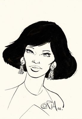un dessin à l'encre représentant une femme en robe et portant des boucles d'oreilles