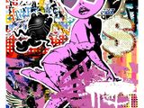 graffiti représentant une femme en robe rose et lunettes de soleil sur un skateboard