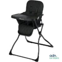 the baby high chair is black and has a tray on it