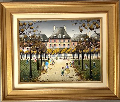 tableau représentant des enfants jouant dans un parc, avec un bâtiment en arrière-plan