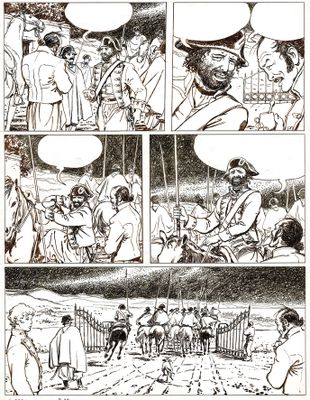 a black and white page of a comic strip with a drawing of a man on a horse