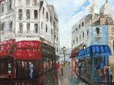 painting of a city street with people walking on the sidewalk