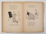 an open book with illustrations of a man and a woman sitting at a table