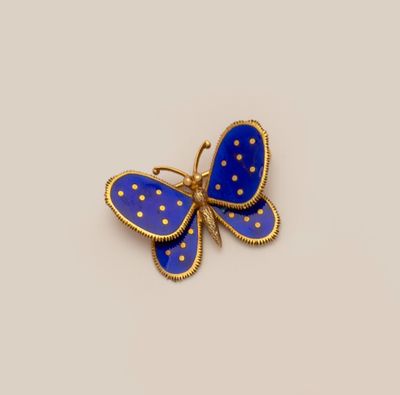 un gros plan d'une broche en forme de papillon bleu sur une surface blanche