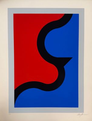 une peinture abstraite rouge, bleue et noire dans un cadre blanc