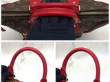 three pictures of a handbag with a red handle and a black handle