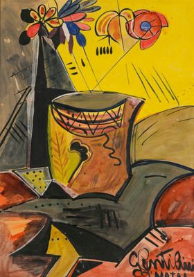 a painting of a vase and a guitar on a table