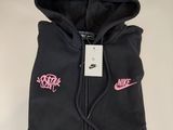 black hoodie with pink nike logo on the front