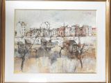 painting of a painting of a city with buildings in the background