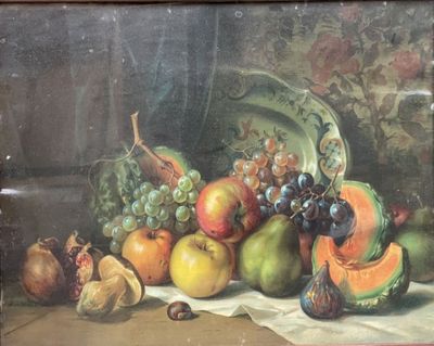painting of a still life of fruit and vegetables on a table