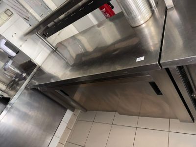 a stainless steel counter top in a commercial kitchen