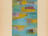 an image of a painting of a blue, yellow, and green abstract painting