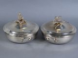 pair of silverplated sugar and butter dishes with bees on them