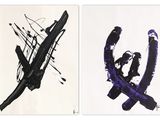 two paintings of black and purple paint on a white background