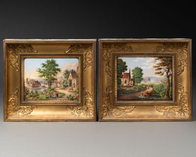 Ecole du XIXe siècle. Paysages animés Deux plaques de porcel… - Photo 1