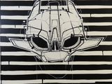 un dessin représentant une tête d'extraterrestre sur un fond rayé noir et blanc