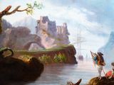 a painting of a man and a woman standing on a cliff by a river
