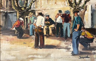 a painting of a group of people standing outside of a building