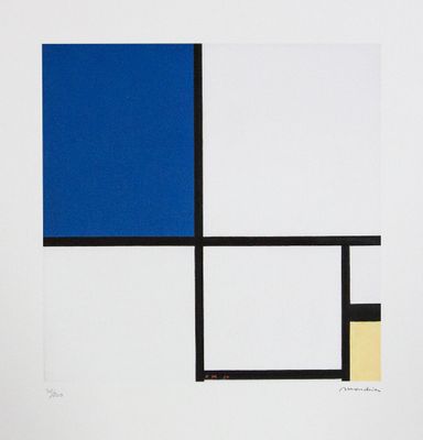a painting of blue, yellow and black squares with a white background