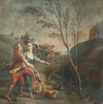 un tableau représentant deux personnes et un chien dans un champ