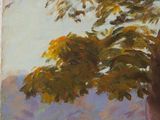 an oil painting of a tree on a hill with a sky background