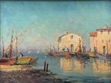 painting of a harbor scene with boats in the water and buildings in the background