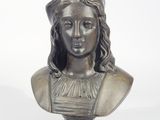a bronze bust of a woman with long hair on a white background