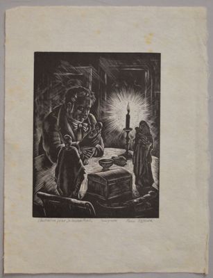 un vieux dessin en noir et blanc représentant un homme assis à une table devant une bougie