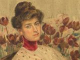 tableau représentant une femme assise sur une chaise devant un bouquet de tulipes