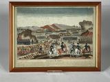 une vieille photo représentant une peinture illustrant une scène militaire avec un cheval et une calèche
