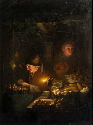 a painting of a man sitting at a table in front of a lamp
