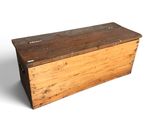 an old wooden box with a lid on a white background