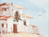 an oil painting of a house on the beach with a bird in the sky