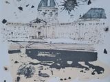 a drawing of a boat in front of a building