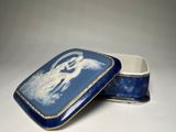 an image of a blue and white box with a horse on it