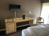 a bed and a desk in a hotel room