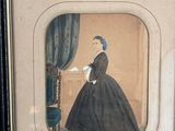 painting of a woman in a black dress with a blue hat