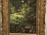 une peinture à l'huile représentant une scène forestière avec des rochers et des arbres