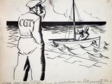 drawing of a man in a sailor ' s uniform standing in front of a boat