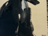 painting of a black and white dog standing in front of a mirror