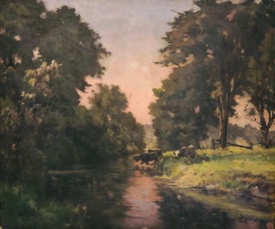 un tableau représentant des vaches marchant le long d'un ruisseau dans les bois