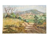 an oil painting of a dirt road leading to a village