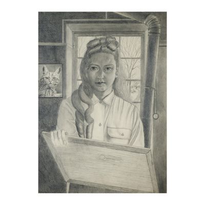 painting of a woman holding a cat in her arms in front of a window