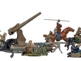 a group of figurines of people riding horses and a cannon