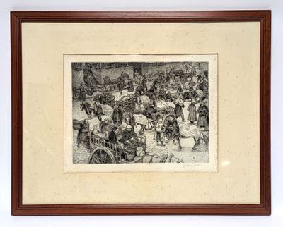 a black and white drawing of a group of people in a wagon